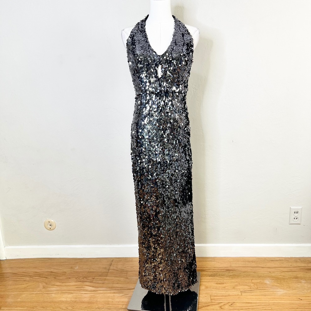 Dress The‎ Population Maxi Dress Halter Allover Sequin Gunmetal Gray Formal Med